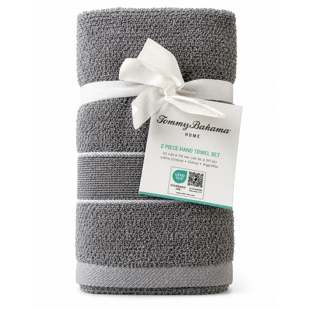 Tommy Bahama Hand Towels Gray White Stripes 100% Cotton 16x30 Inches Set Of 2